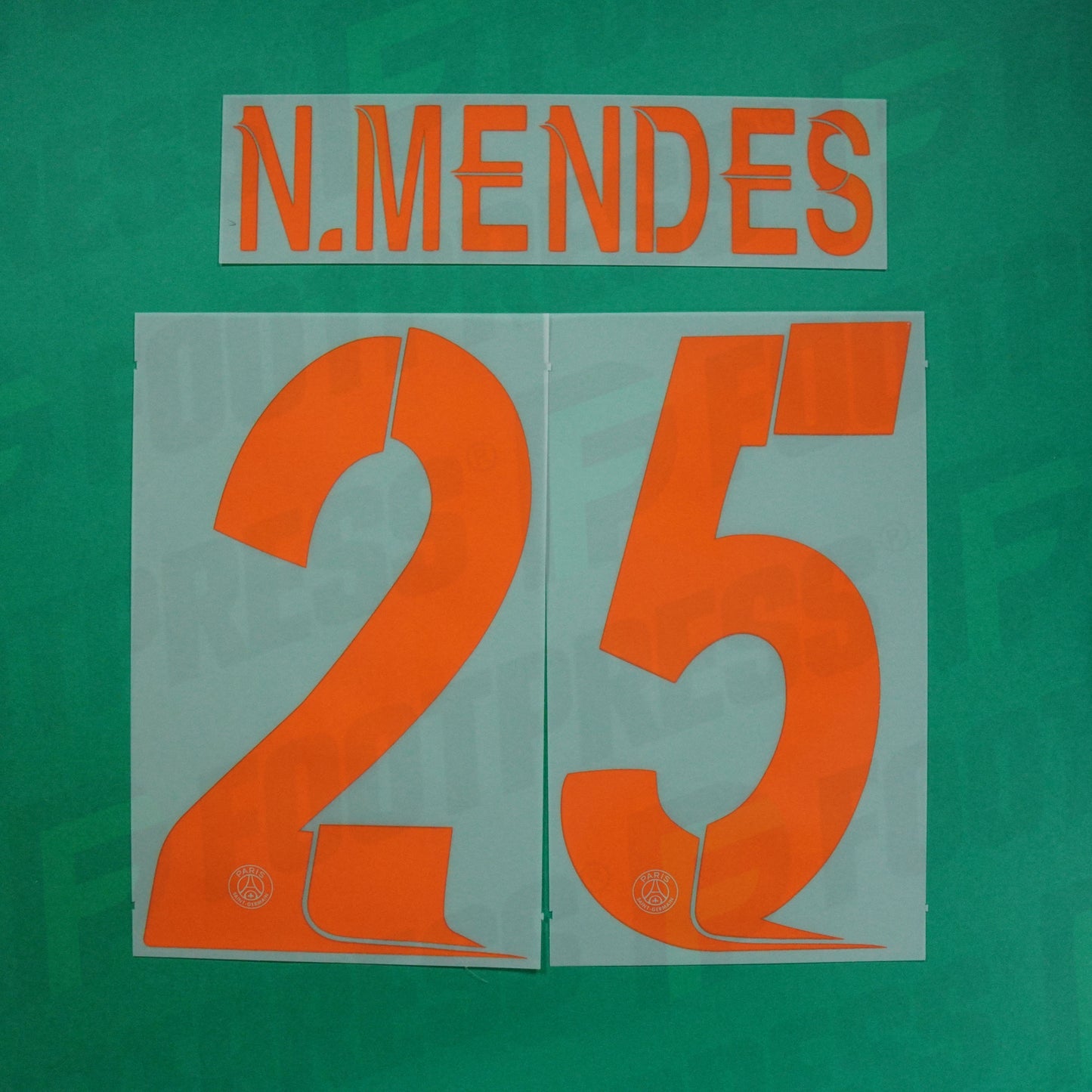 Flocage Officiel - Paris Saint-Germain, Nuno Mendes, 2023/2024, Third LDC, Orange/Argenté