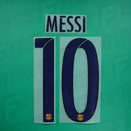 Flocage Officiel - FC Barcelone, Messi (Micro trou d'agraffe sur le bord du chiffre 1), 2015/2016, Away, Bleu