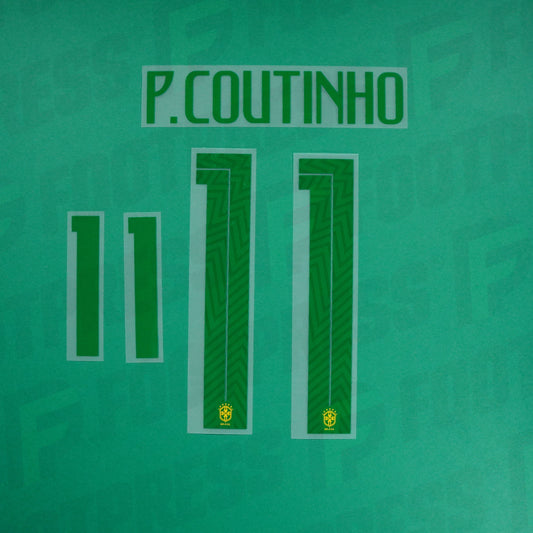 Official Nameset - Brazil CHILD, Coutinho, WC 2018, Home JUNIOR, Green,