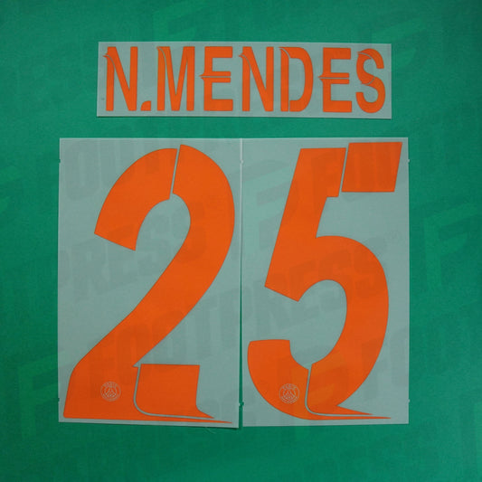 Flocage Officiel - Paris Saint-Germain, Nuno Mendes, 2023/2024, Third LDC, Orange/Argenté