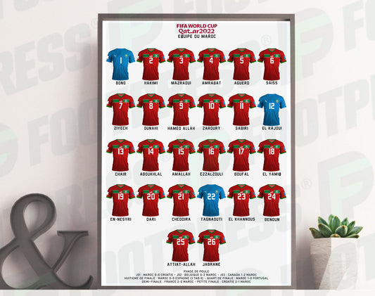 Affiche Équipe du Maroc - Coupe du Monde 2022 (Hakimi, Ziyech, Ounahi...)